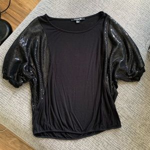 Black Sequin Puffy Sleeve Stretchy Top by Forever 21 Size S